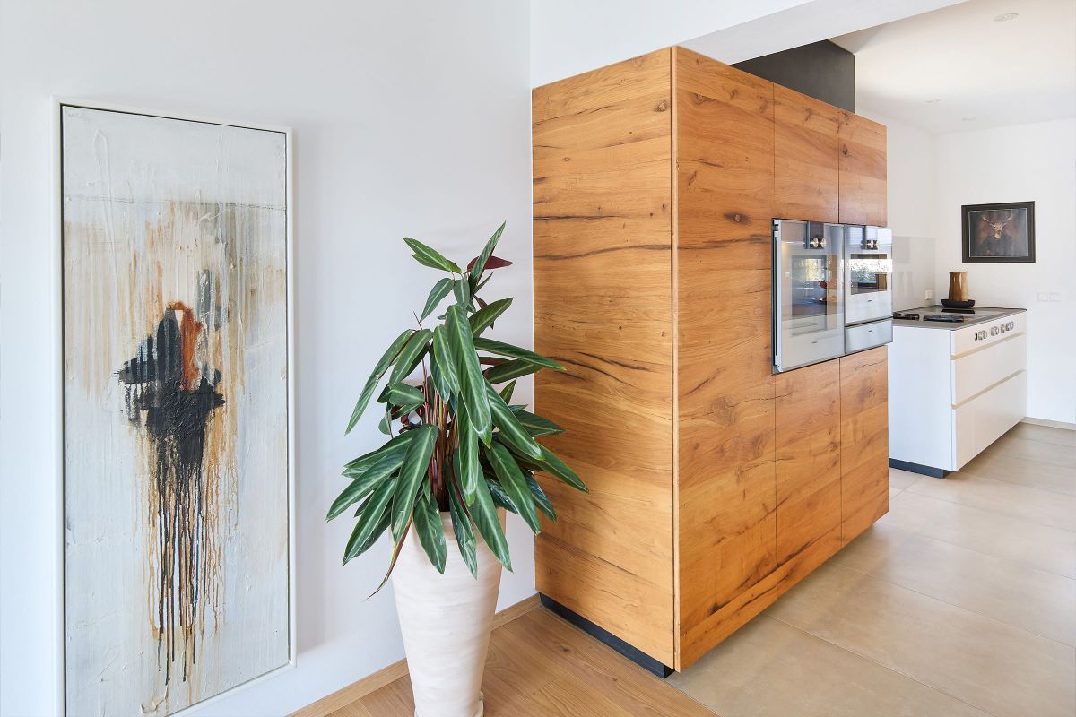 Moderne Küchenansicht mit raumhohem Holzschrank, Einbaugeräten, Kunst an der Wand und Pflanze in hellem Wohnraum.